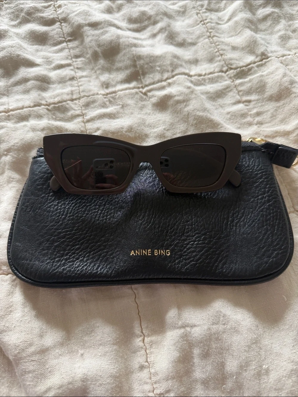 Anine Bing Black Cat-Eye Sunglasses with Black Leather Pouch